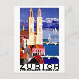 Postal Zúrich, Suiza, ciudad, iglesia, viaje vintage