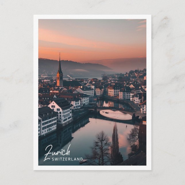 Postal Zurich Suiza ilustracion de viaje (Anverso)