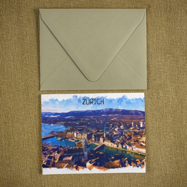 Postal Zurich Suiza Panorama Vista Acuática (zurich switzerland panorama view watercolor postcard)