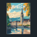 Postal Zurich Suiza Viaje al arte Vintage<br><div class="desc">Diseño de viaje vectorial retro de Zurich. Las pintorescas callejuelas del centro de Altstadt (casco antiguo),  a ambos lados del río Limmat,  reflejan su historia pre-medieval.</div>