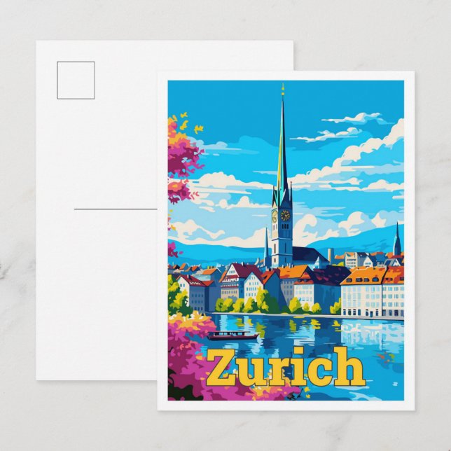 Postal Zurich Suiza Viaje Ilustracion Vintage (Anverso / Reverso)