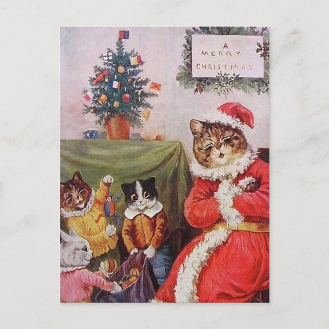 Postales antiguas de Louis Wain Navidades Cat Fami (Anverso)