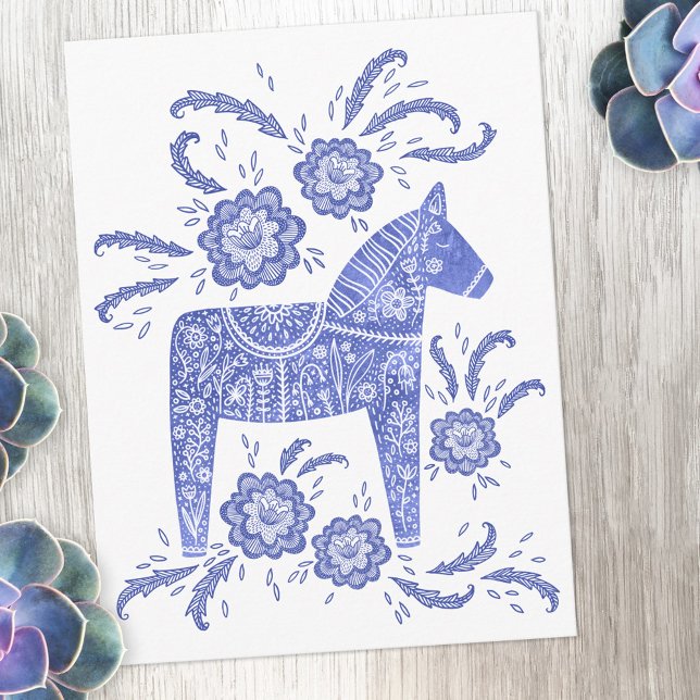 Postales azul y blanco de Dala sueca (Blue and white Swedish Dala Horse postcard)