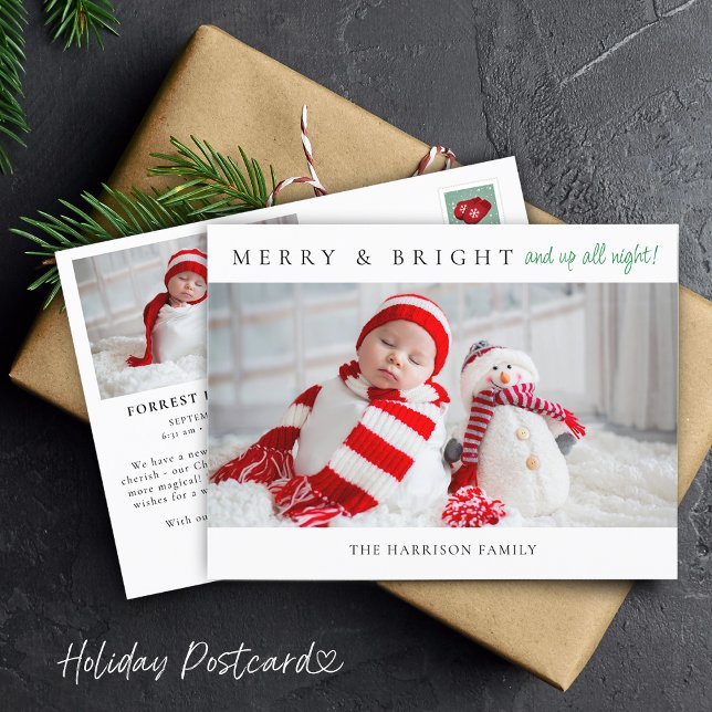 Postales con fotos del anuncio de cumpleaños brill (Merry & Bright Birth Announcement Photos Postcard)