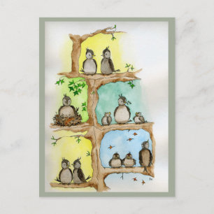 Postales con pájaros y sus bebés en un árbol
