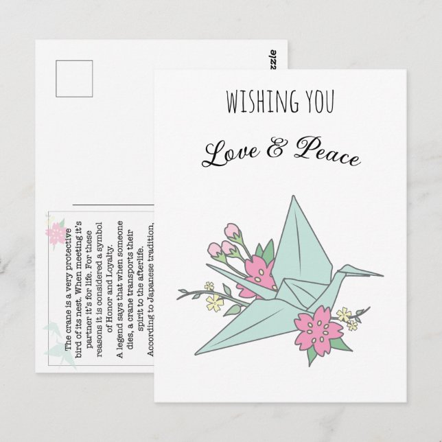 Postales de "amor y paz" de Origami Crane (Anverso / Reverso)