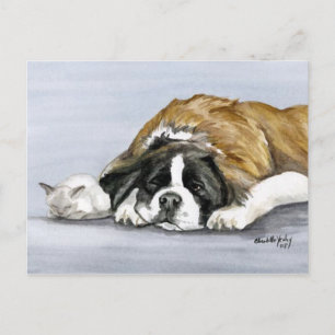 Postales de arte de perro de San Bernardo y Gatito