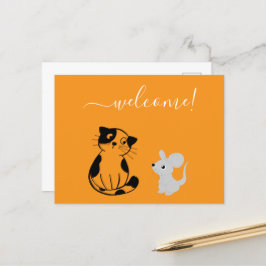 Postales de bienvenida de naranja con gato y ratón