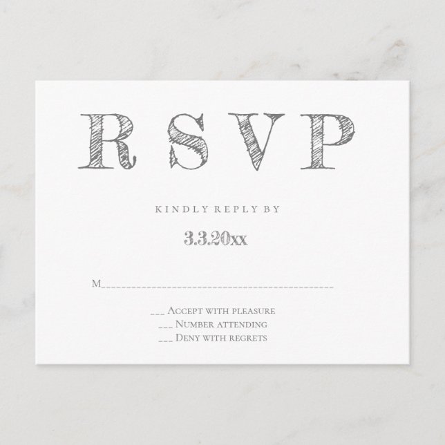 Postales de boda rsvp con letras modernas y grises (Anverso)