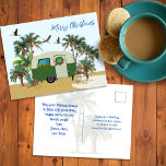 Postales de campaña tropical para navidad<br><div class="desc">Postales de navidades con tema de camping tropical. Para Rvers ocasionales o a tiempo completo. Un remolque de viaje retro adorable está estacionado en la arena. Hay palmeras por todas partes y algunas están decoradas con lámparas de Navidad y adornos. Las garzas y las grúas vuelan sobre sus cabezas. Cerca...</div>