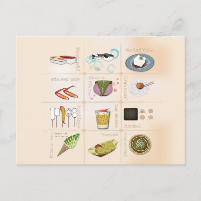 Postales de comida para aperitivos de Japón (Anverso)