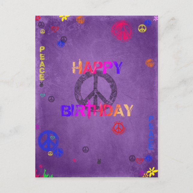 Postales de cumpleaños feliz hippie en morado (Anverso)