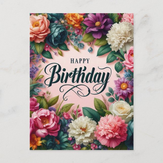 Postales de cumpleaños rosada: diseño floral (Anverso)