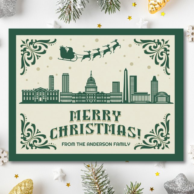 Postales de feriado para Navidades de Skyline de W (Washington, DC skyline christmas card green modern merry christmas postcard with custom details)