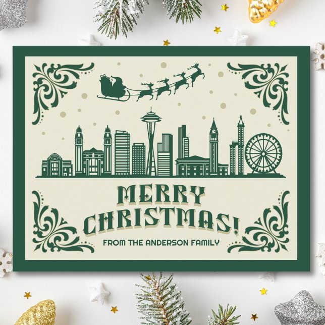Postales de feriado para Navidades verdes de la lí (Seattle, WA skyline christmas card green modern merry christmas postcard with custom details)