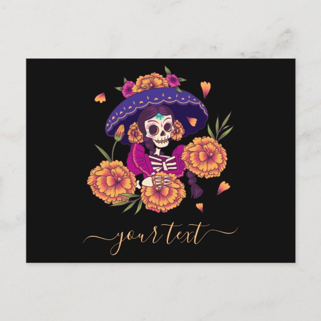 Postales de Floral Lady Skeleton Dia de los Muerto (Anverso)