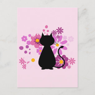 Postales de gato con flores rosas
