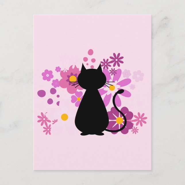 Postales de gato con flores rosas (Anverso)