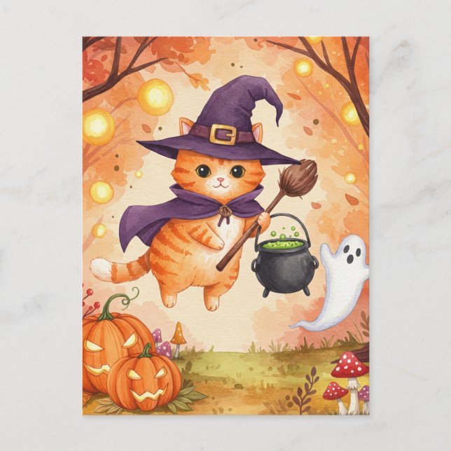 Postales de Halloween con gato de bruja de jengibr (Anverso)
