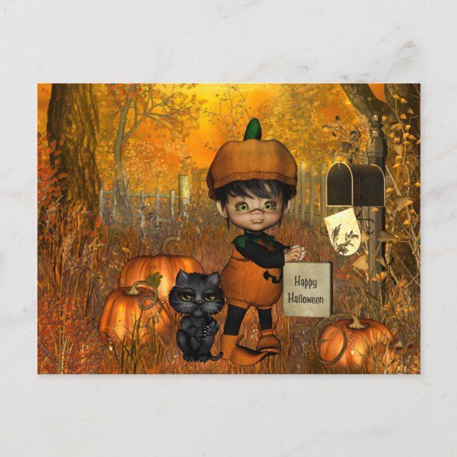 Postales de Halloween con niño y calabazas (Anverso)