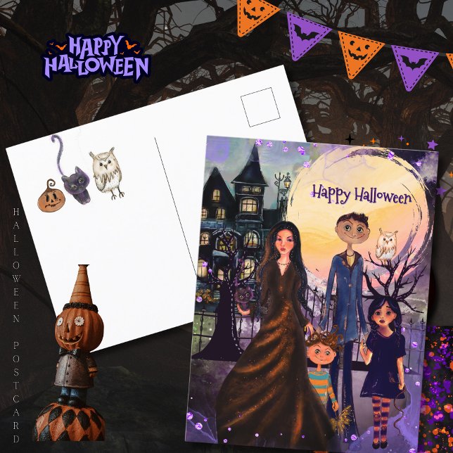 Postales de Halloween para la familia de la casa g (Gothic Haunted House Family Halloween Postcard)