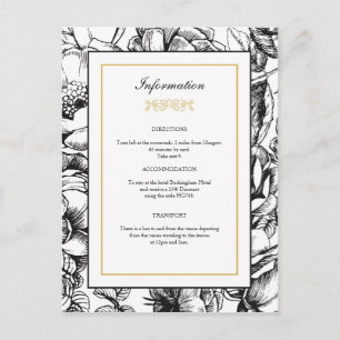 Postales de información de Boda floral negro y dor
