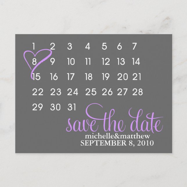 Postales de Invitación de Boda de calendario {púrp (Anverso)