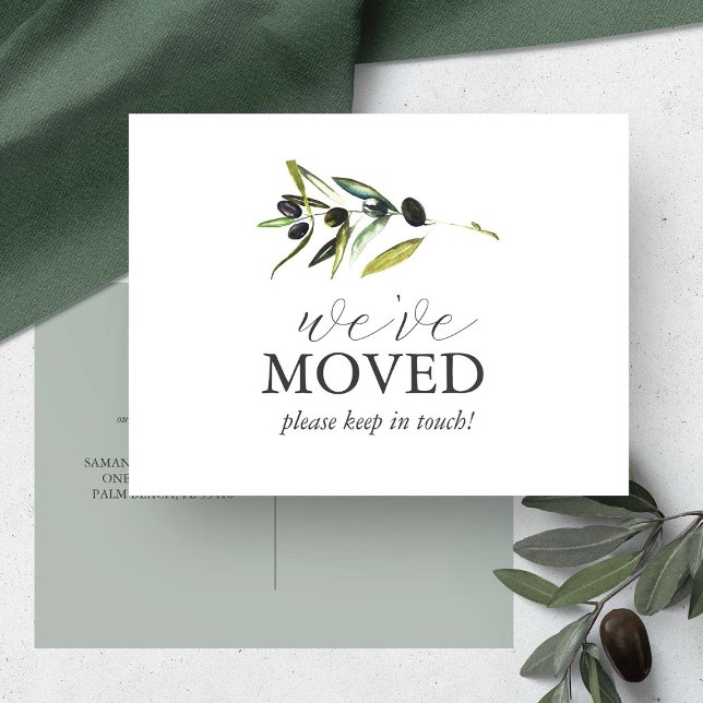 Postales de Invitación de cambio botánico acuarela (Change of address postcard features a watercolor olive branch by Victoria Grigaliunas)