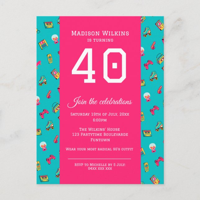 Postales de invitación de fiesta de 40 años, rosa  (Anverso)