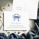 Postales de Invitación móvil de cangrejo acuarela<br><div class="desc">Estas postales de invitación en movimiento cuentan con un cangrejo acuático único en tonos azules, perfecto para compartir su nueva dirección costera. La parte frontal muestra "We've Moved" en un elegante guión con letras a mano, mientras que la parte posterior proporciona espacio para los detalles de su invitación móvil personalizada....</div>
