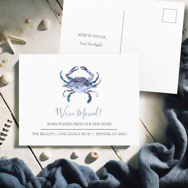 Postales de Invitación móvil de cangrejo acuarela (Change of address postcards watercolor blue crab art by Victoria Grigaliunas Do Tell A Belle beach)