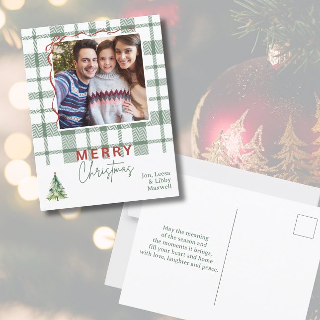 Postales de Navidades de fotografía rusos de Green (Green Plaid Rustic Photo Christmas Postcard
)