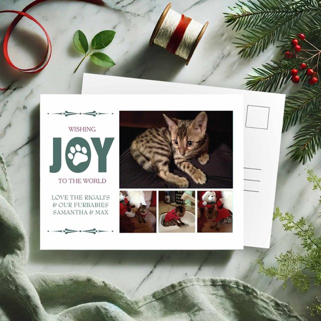 Postales de Navidades de Mascotas verdes modernos (Pet photo Christmas postcards by VG Invites features 1 large photo and 3 small photos)