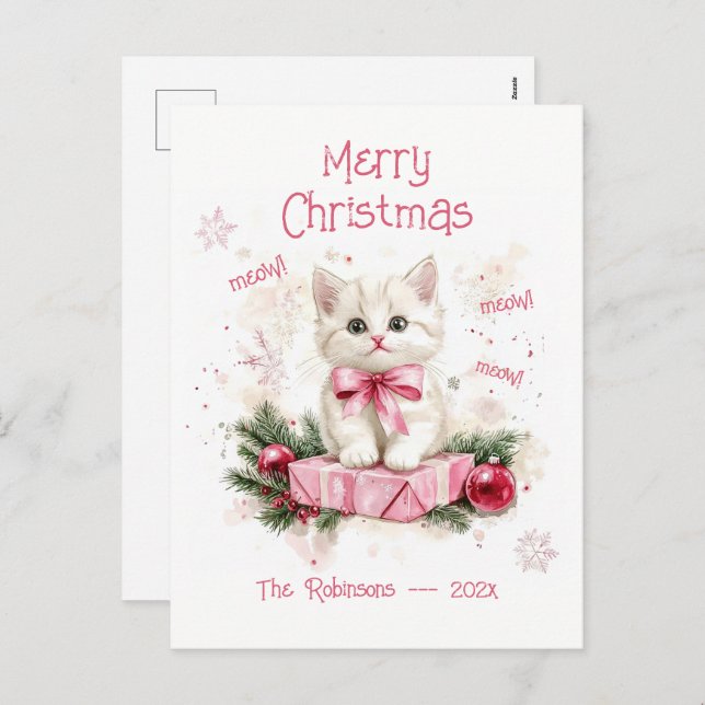 Postales de Navidades rosados de pequeño gatito (Anverso / Reverso)