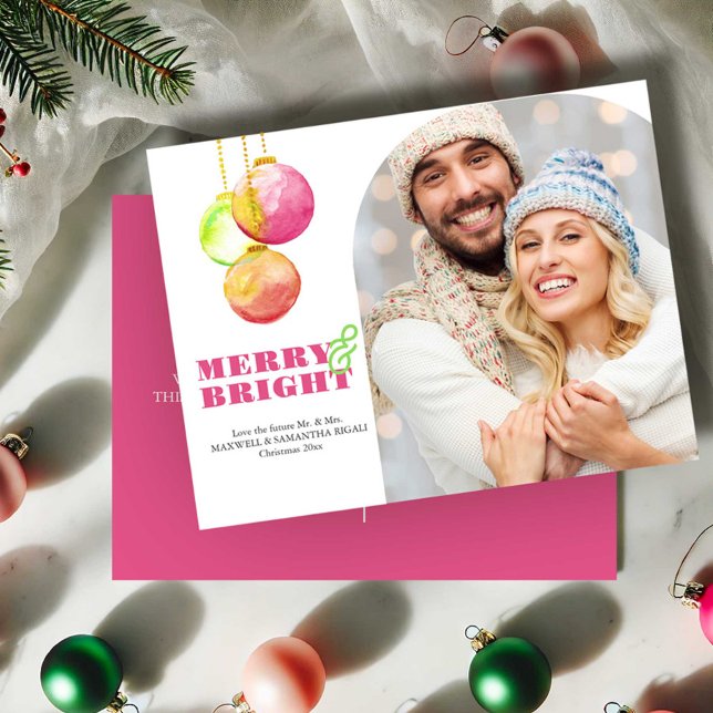 Postales de Navidades rosados de personalizable co (Christmas cards merry and bright photo watercolor pink bauble art Victoria Grigaliunas DoTellABelle)