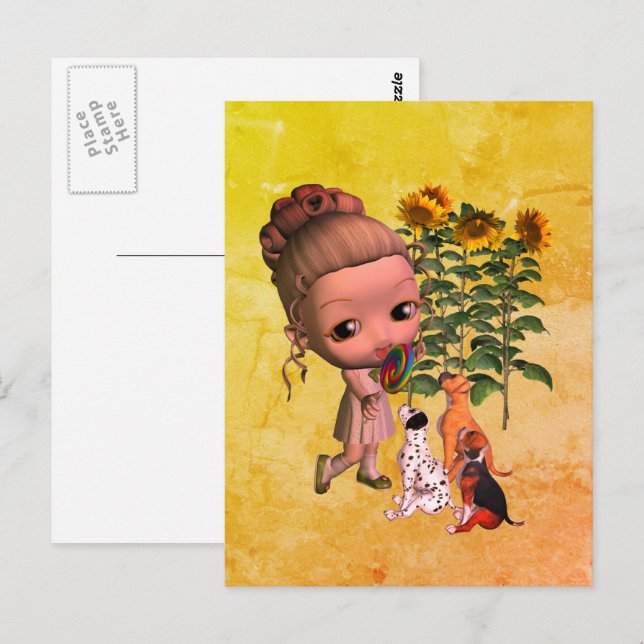 Postales De Niña Pequeña Y Cachorros (Anverso / Reverso)