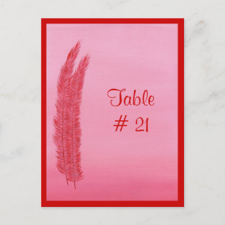 Postales de número de tabla, plumas rosadas rojas