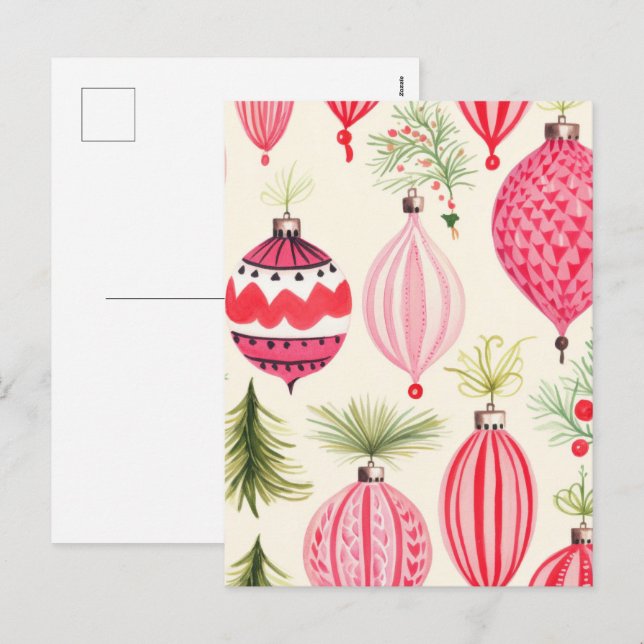 Postales de Ornamentos de Navidad Retro Rojo Rosa (Anverso / Reverso)