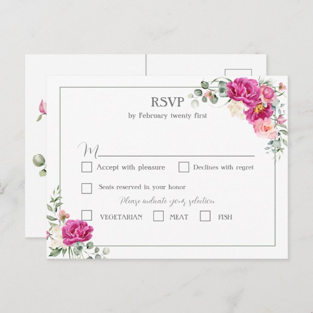 Postales de Peony y Greenery Rosa RSVP (Anverso / Reverso)