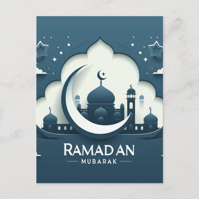 Postales De Ramadán Moderno Azul Y Blanco Mubarak (Anverso)