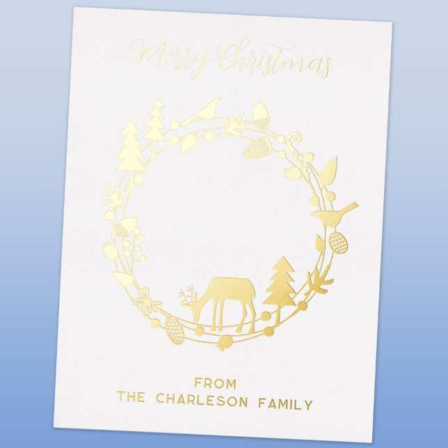 Postales de Relieve metalizado Real de Deer Forest (Deer in the forest Scandinavian style wreath personalized Christmas foil postcard)