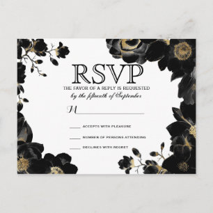 Postales de RSVP de Floral Negra con acento dorado