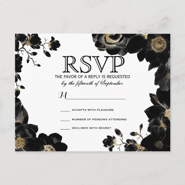 Postales de RSVP de Floral Negra con acento dorado (Anverso)