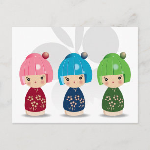 Postales de trillizos de Kokeshi