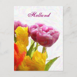 Postales de tulipanes holandeses, morados y amaril