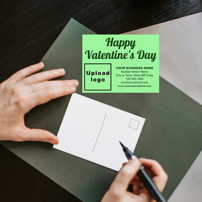 Postales de vacaciones verdes de San Valentín de n (Business Valentine light green holiday postcard to advertise your business this Valentine's Day.)