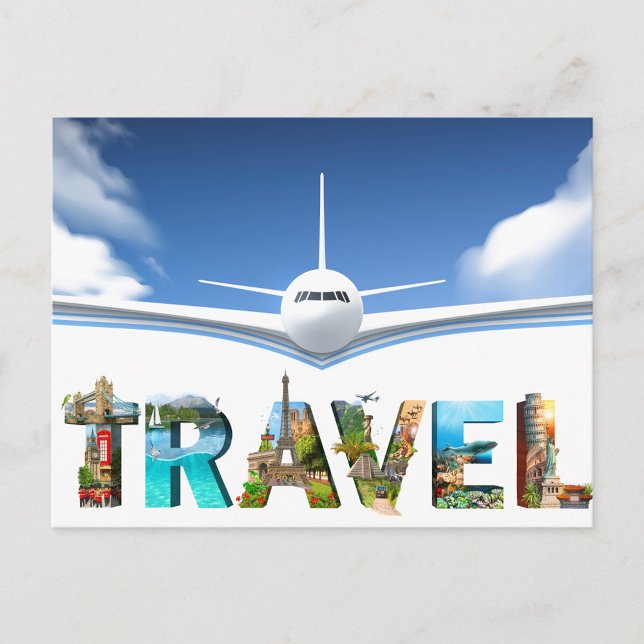 Postales de viaje (A digital illustration of the word "TRAVEL" filled with various travel destinations.)