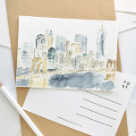Postales de viaje de color acuático para el Skylin<br><div class="desc">Postal de viaje con acuarela pintada con gusto,  que presenta el perfil de Nueva York detrás del puente de Brooklyn.</div>