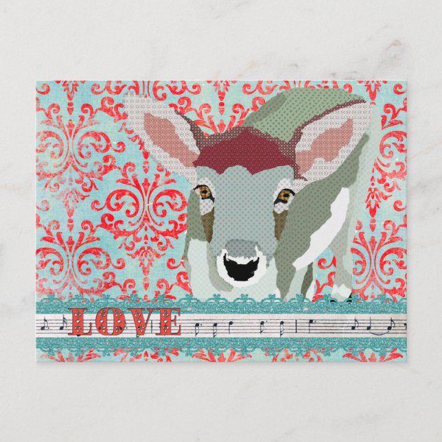 Postales Dearly Deer Red & Turqoise Love Damask (Anverso)