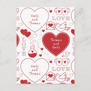 Postales del patrón de San Valentín - rojo sobre b